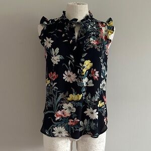 LOFT Black Floral Ruffle Neck Sleeveless Blouse